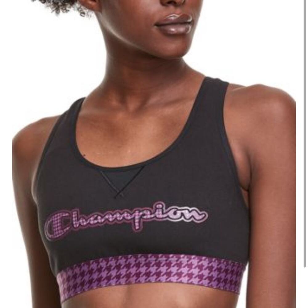Champion Sports Bra NWT Black/Purple Logo Strappy Cutout Back Women’s Size Large